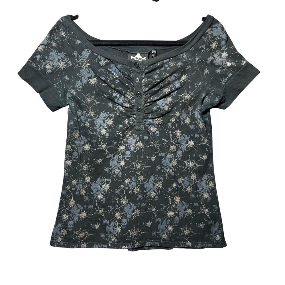 Vintage Lip Service Top Gothic AOP All‎ Over T Shirt Spiderweb Skull Baby Tee L